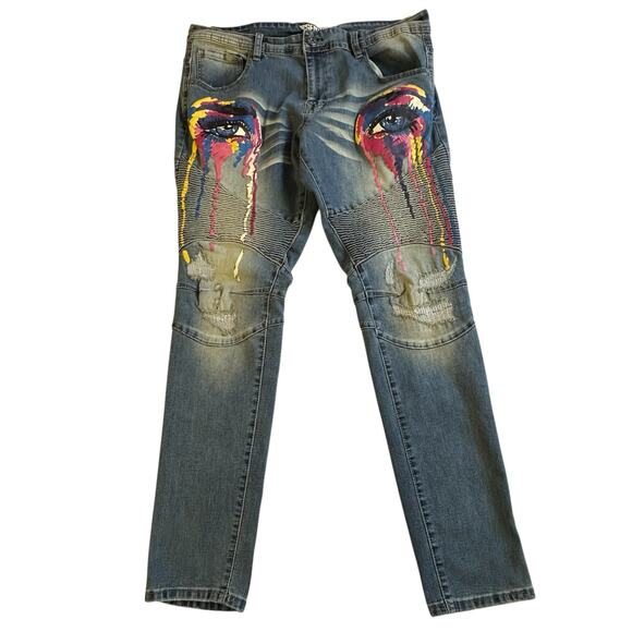 Mens Jeans Size 36/32 Streetwear Skinny Stretch Painted Eyes Colorful Graffiti - Picture 2 of 10